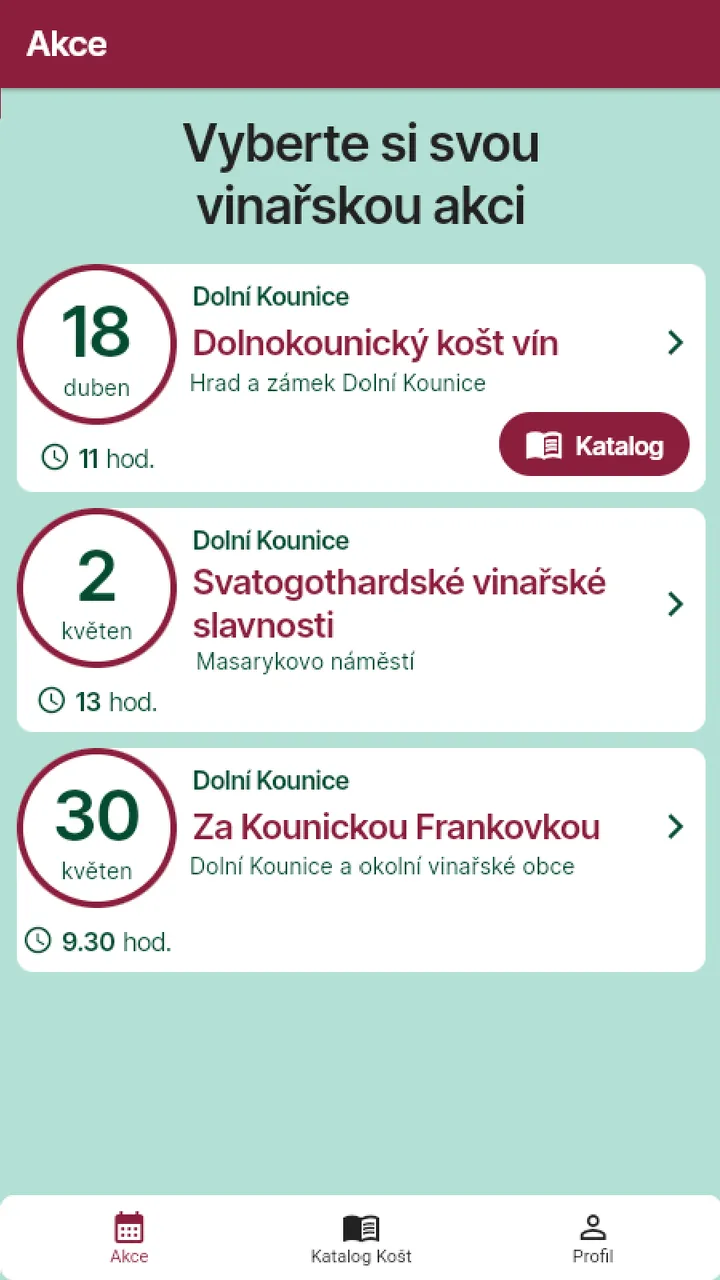 Výběr vinařské akce v aplikaci Kniha Vín