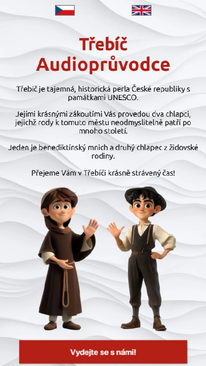 Úvodní obrazovka audioprůvodce Třebíč s postavami průvodců