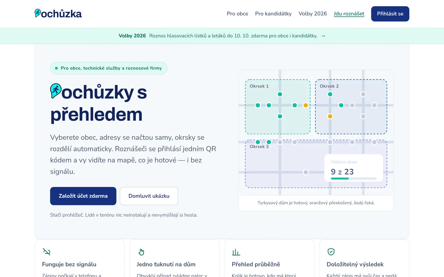 Úvodní stránka Pochůzky s mapou rozdělenou na okrsky a přehledem hotových domů