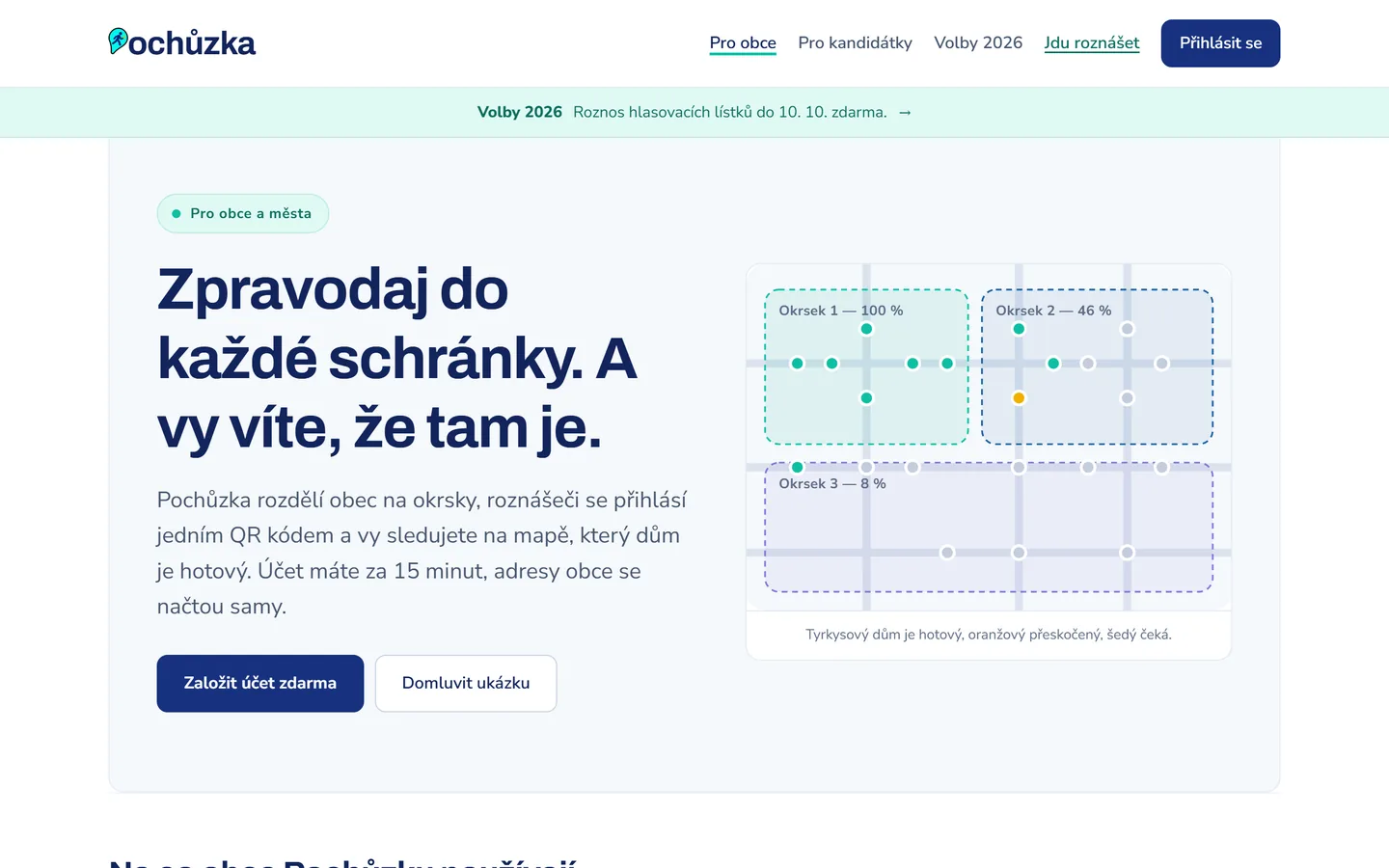 Stránka Pochůzky pro obce a města s postupem roznosu po okrscích