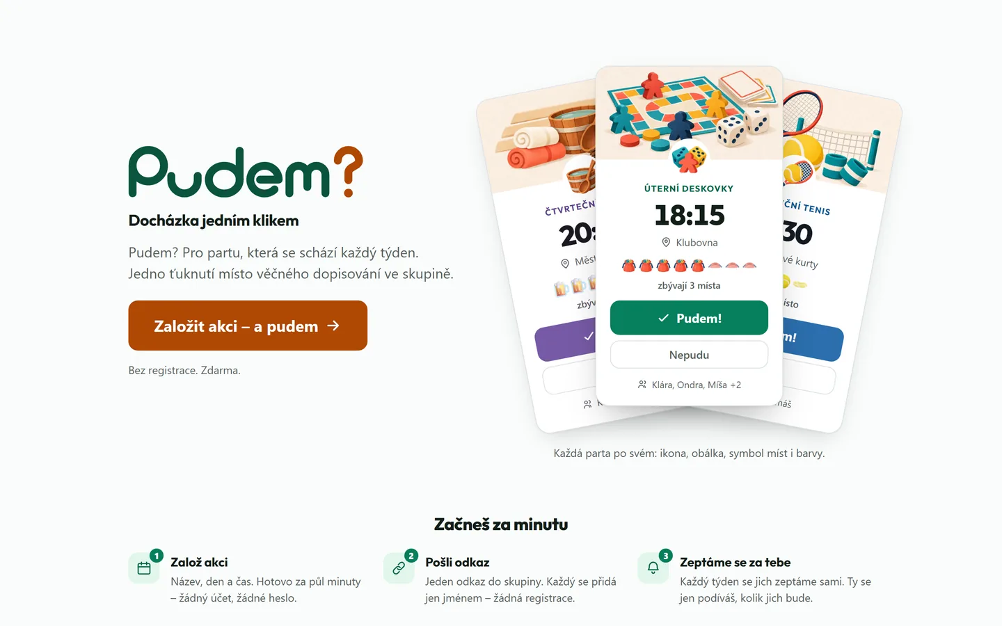 Úvodní stránka Pudem s kartami pravidelných akcí a tlačítky Pudem a Nepudu